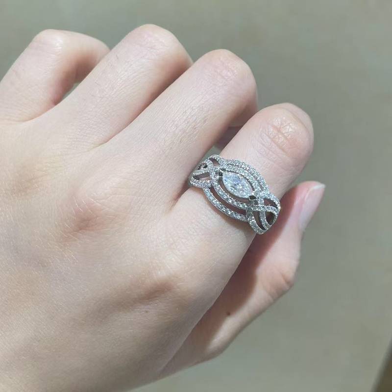 马眼钻S925银镀白金Women's Ring定制选款主石Moissanite0.5ct/副石高碳钻